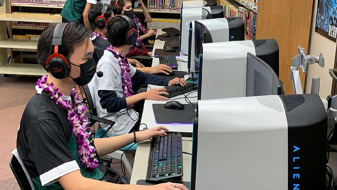 Volunteers from the esports programs of the University of Hawaii System and Hawaii Pacific University played an exhibition of League of Legends to showcase the potential of the new TRUE Esports + Tech Lab at the Waipahu Public Library on July 14